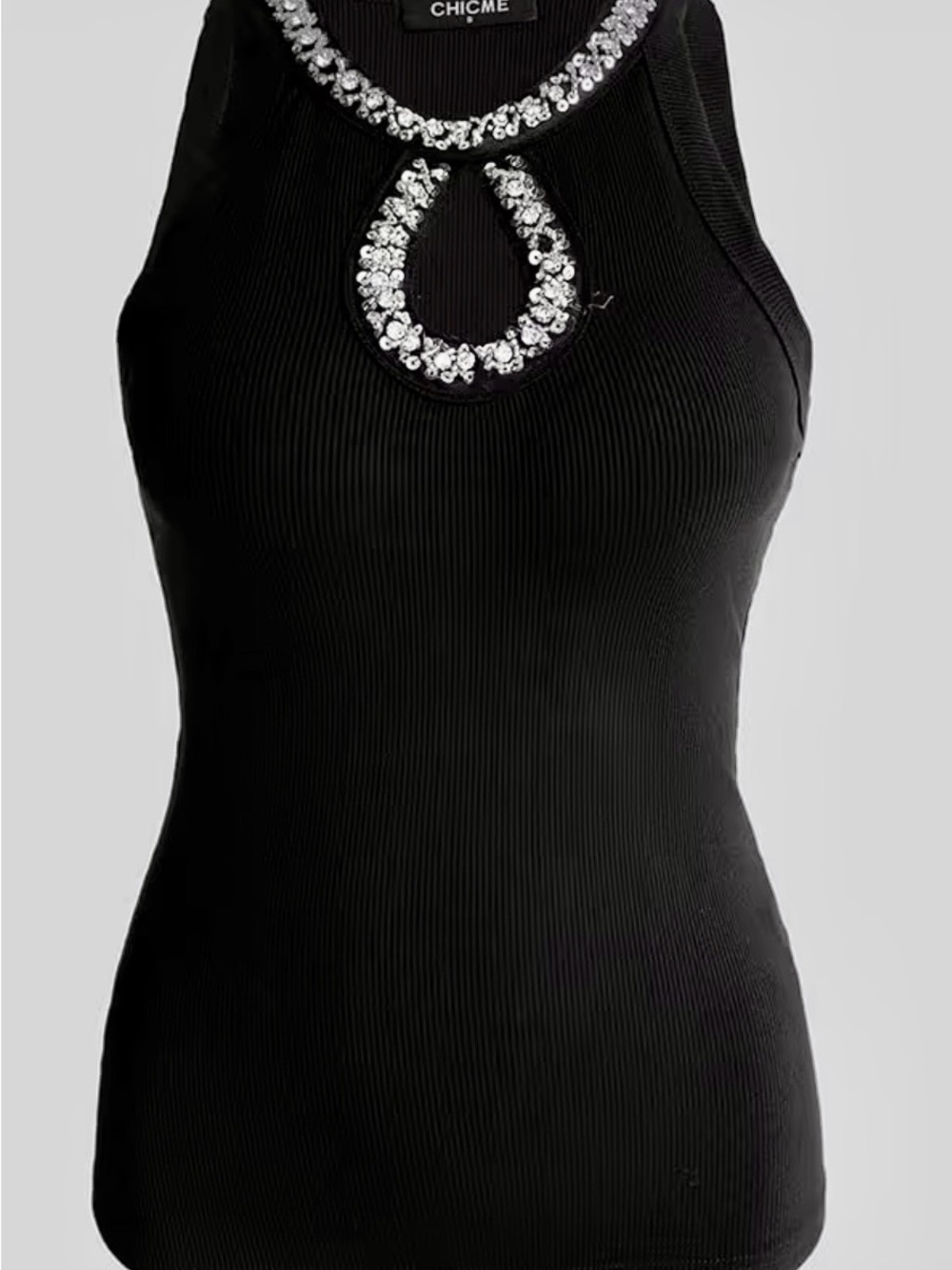 chic Black Ribbed Jewel-Trim Tank Top NWOT